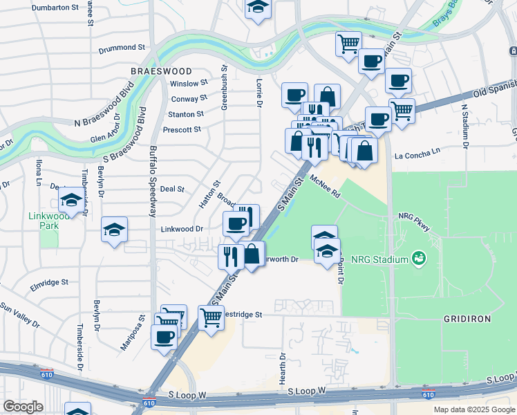 map of restaurants, bars, coffee shops, grocery stores, and more near 7 Broadmead Drive in Houston
