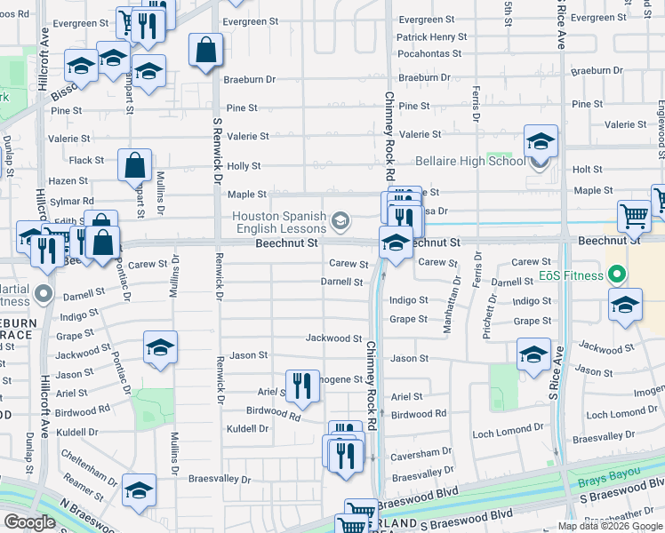 map of restaurants, bars, coffee shops, grocery stores, and more near 5403 Carew Street in Houston