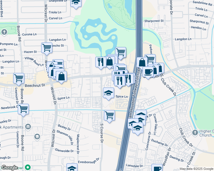 map of restaurants, bars, coffee shops, grocery stores, and more near 10215 Beechnut Street in Houston