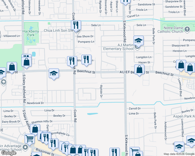map of restaurants, bars, coffee shops, grocery stores, and more near 12111 Troulon Drive in Houston
