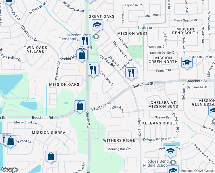 map of restaurants, bars, coffee shops, grocery stores, and more near 7714 Candela Court in Houston