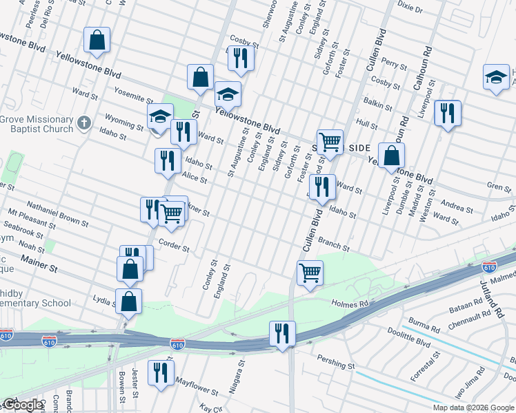 map of restaurants, bars, coffee shops, grocery stores, and more near 7006 Sidney Street in Houston