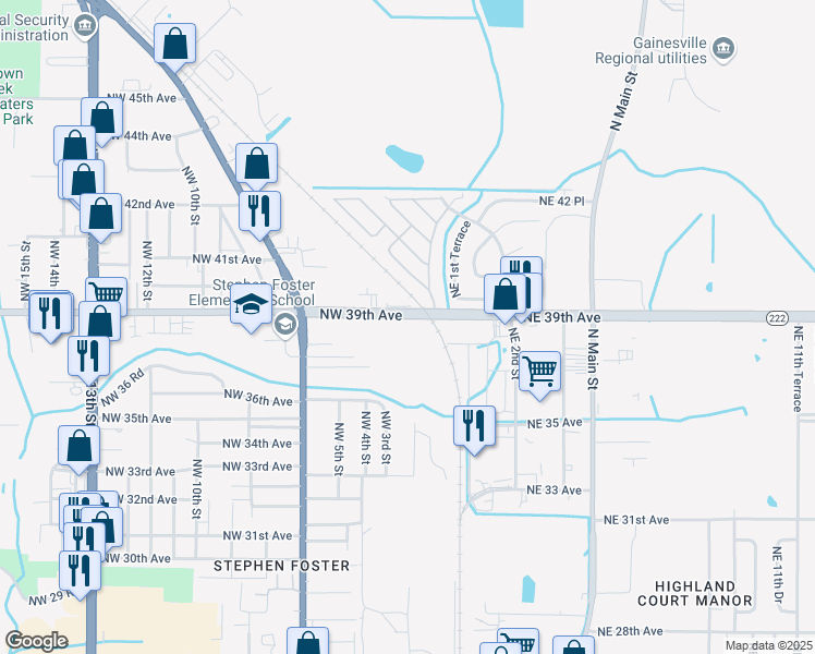 map of restaurants, bars, coffee shops, grocery stores, and more near 405 Northwest 39th Avenue in Gainesville