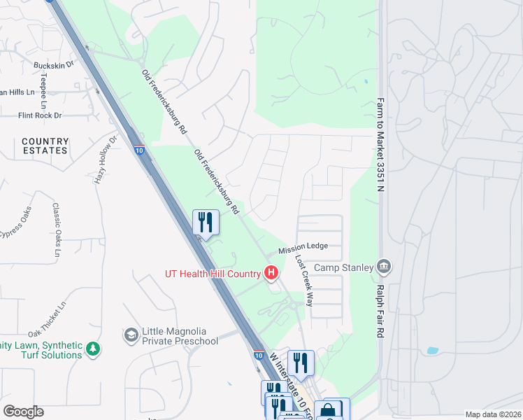 map of restaurants, bars, coffee shops, grocery stores, and more near 26011 Florencia Villa in Boerne