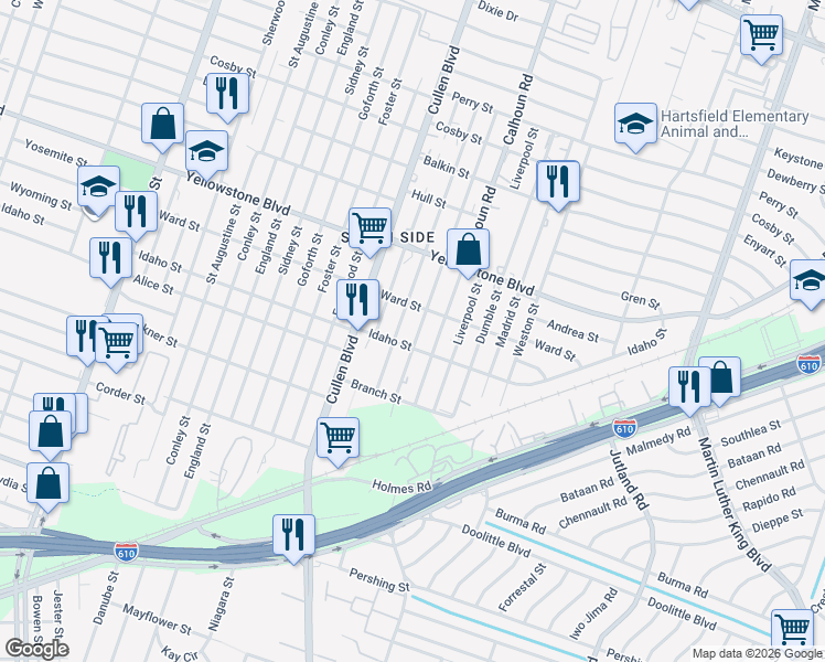 map of restaurants, bars, coffee shops, grocery stores, and more near 6822 Paris St in Houston