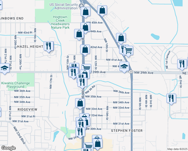 map of restaurants, bars, coffee shops, grocery stores, and more near 1213 Northwest 39th Avenue in Gainesville
