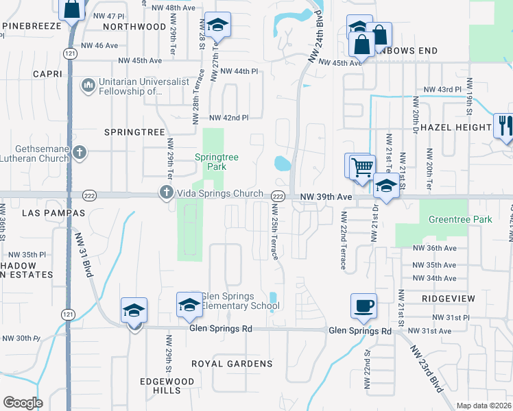 map of restaurants, bars, coffee shops, grocery stores, and more near 3844 Northwest 26th Street in Gainesville