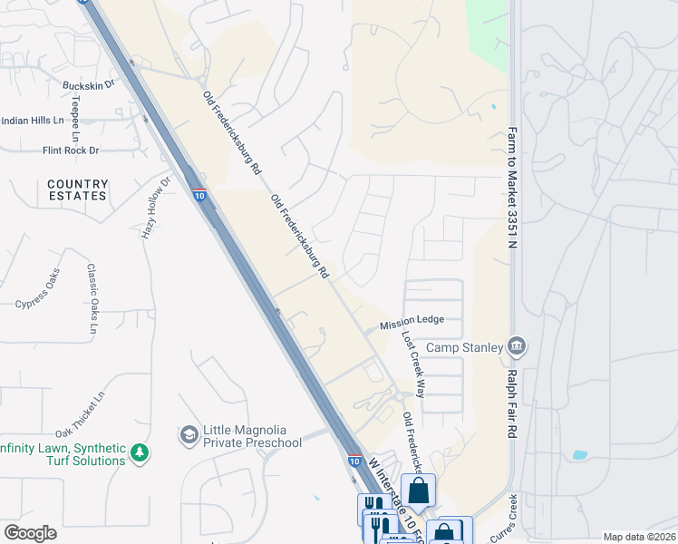map of restaurants, bars, coffee shops, grocery stores, and more near 7906 Emmeline Drive in Boerne