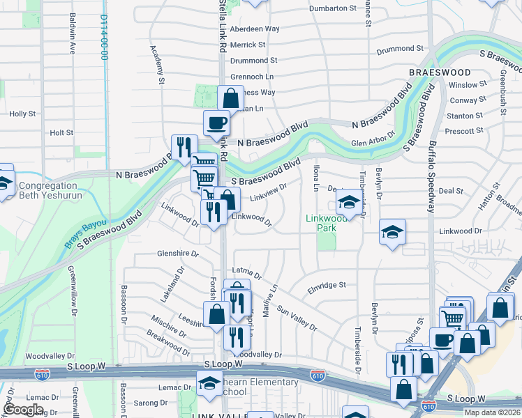map of restaurants, bars, coffee shops, grocery stores, and more near 8718 Linkfair Lane in Houston