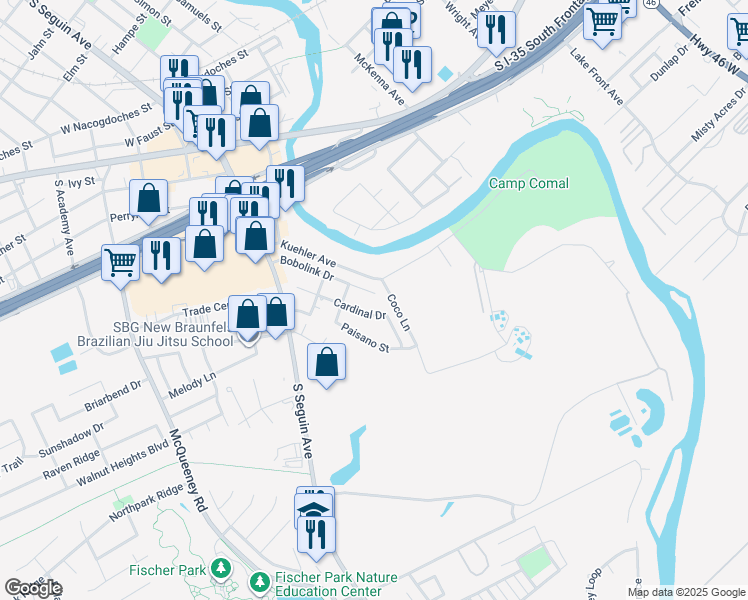 map of restaurants, bars, coffee shops, grocery stores, and more near 354 Bobolink Drive in New Braunfels