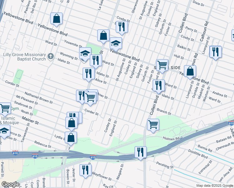 map of restaurants, bars, coffee shops, grocery stores, and more near 7020 Conley Street in Houston