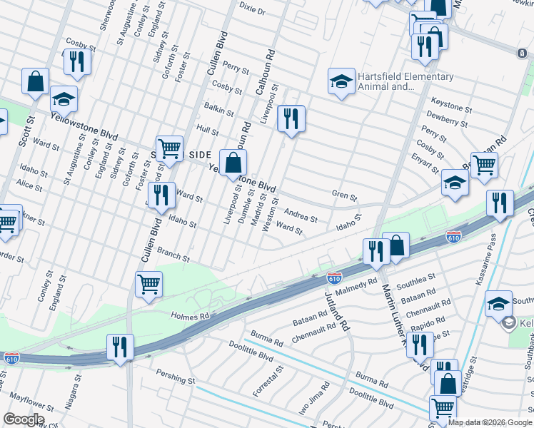 map of restaurants, bars, coffee shops, grocery stores, and more near 6734 Weston Street in Houston