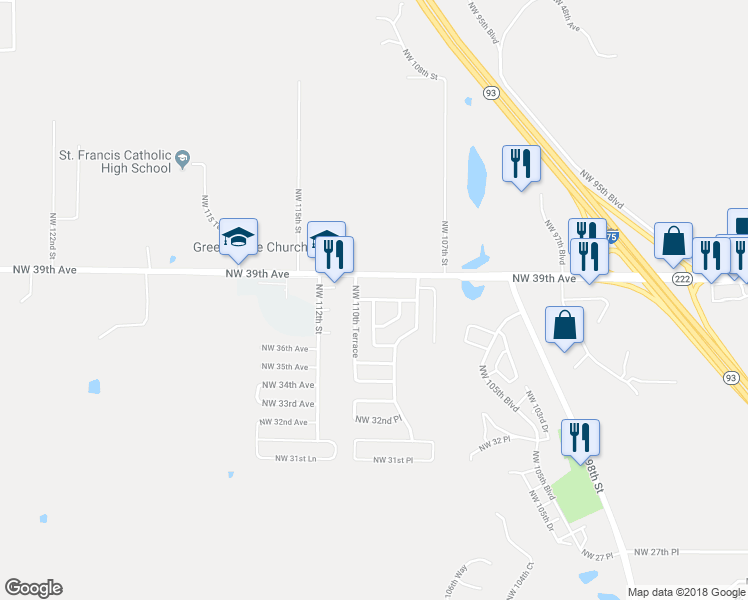 map of restaurants, bars, coffee shops, grocery stores, and more near 3799 Northwest 109th Terrace in Gainesville
