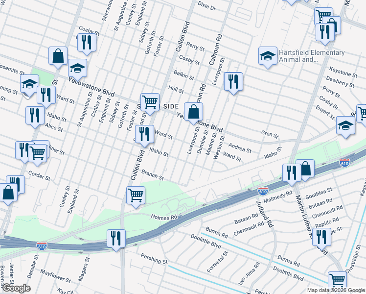 map of restaurants, bars, coffee shops, grocery stores, and more near 6809 Calhoun Road in Houston