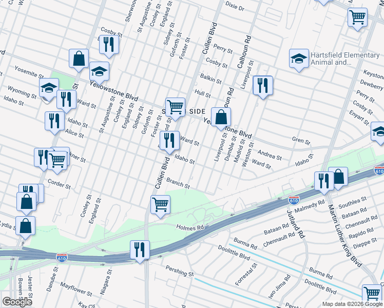 map of restaurants, bars, coffee shops, grocery stores, and more near 6822 Paris Street in Houston