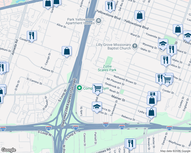 map of restaurants, bars, coffee shops, grocery stores, and more near 3417 Seabrook Street in Houston