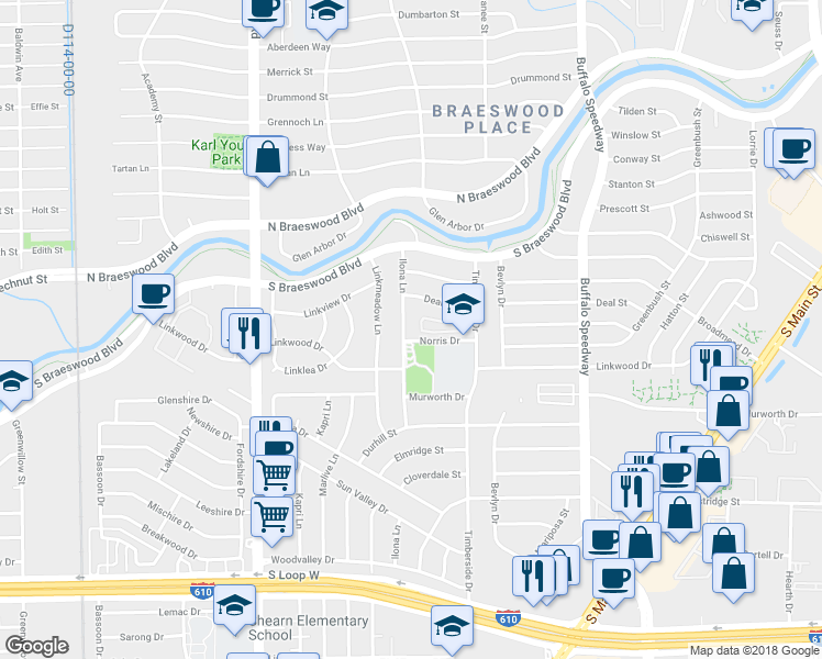 map of restaurants, bars, coffee shops, grocery stores, and more near 8806 Ilona Lane in Houston
