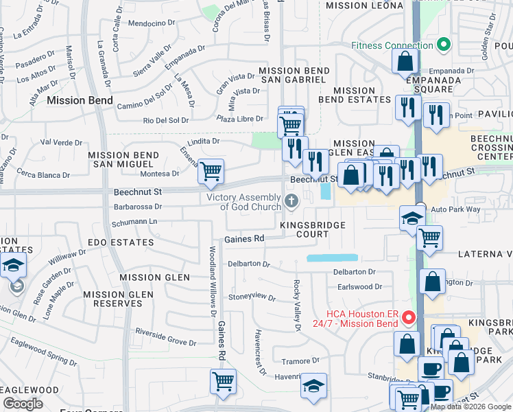 map of restaurants, bars, coffee shops, grocery stores, and more near 8111 Glorieta Drive in Houston