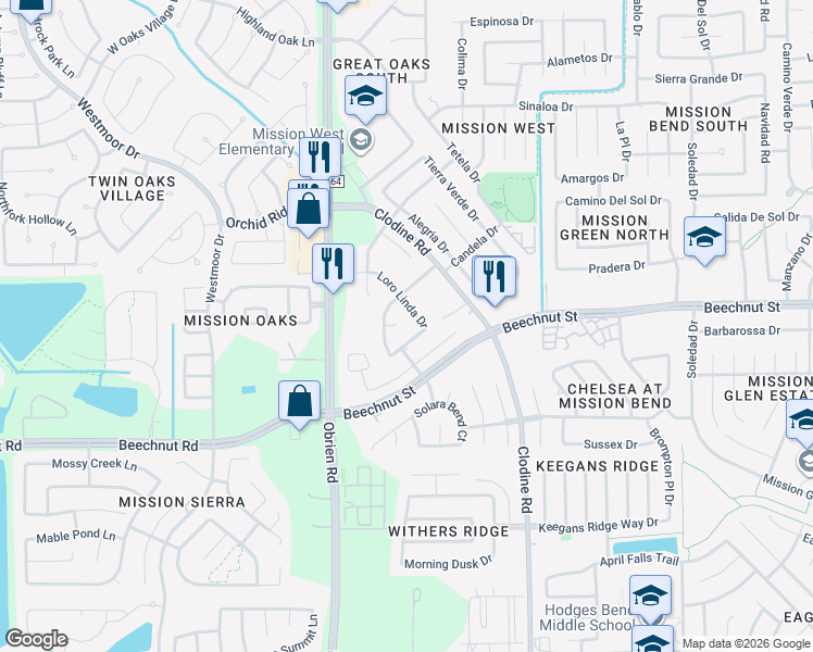 map of restaurants, bars, coffee shops, grocery stores, and more near 7714 Candela Court in Houston