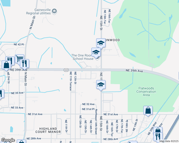 map of restaurants, bars, coffee shops, grocery stores, and more near 3826 Northeast 14th Street in Gainesville
