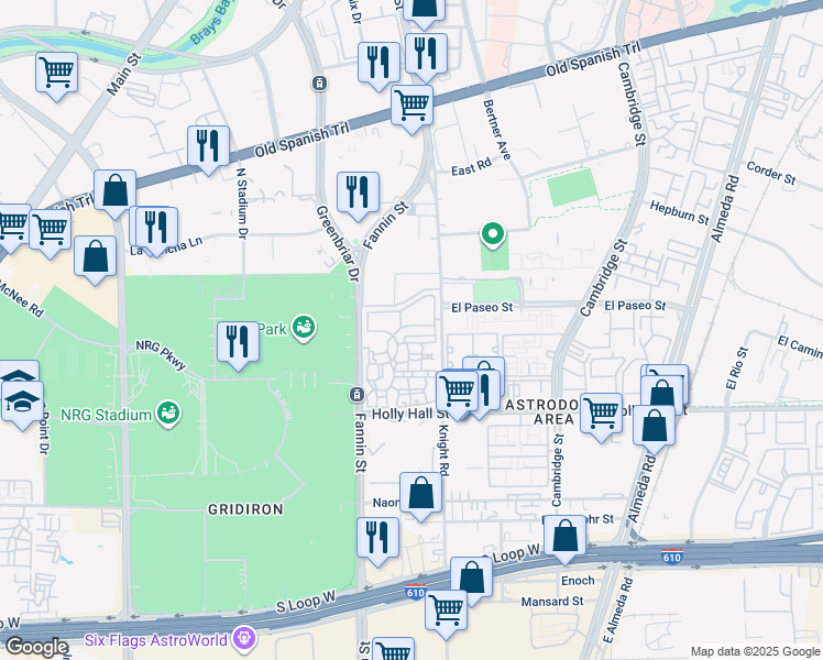 map of restaurants, bars, coffee shops, grocery stores, and more near 8181 Fannin Street in Houston