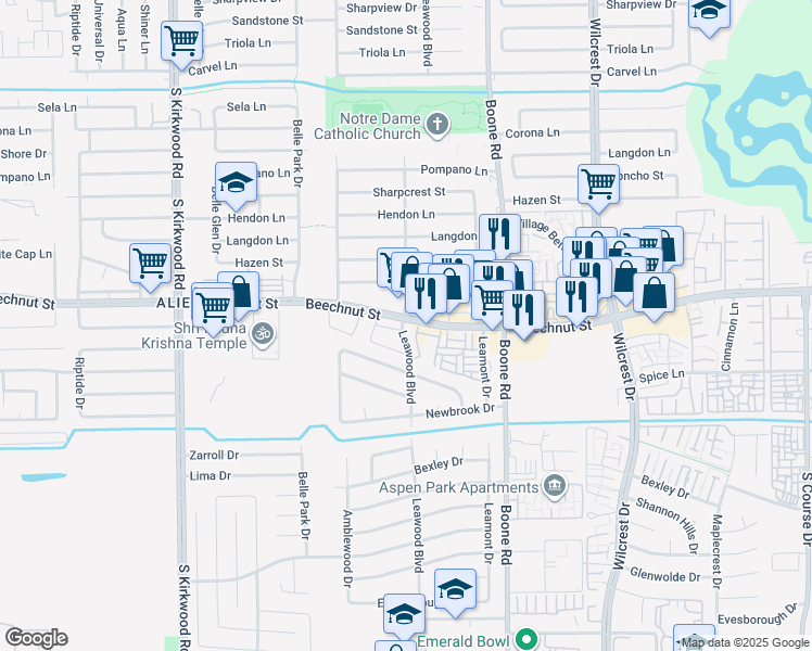 map of restaurants, bars, coffee shops, grocery stores, and more near 11361 Beechnut Street in Houston
