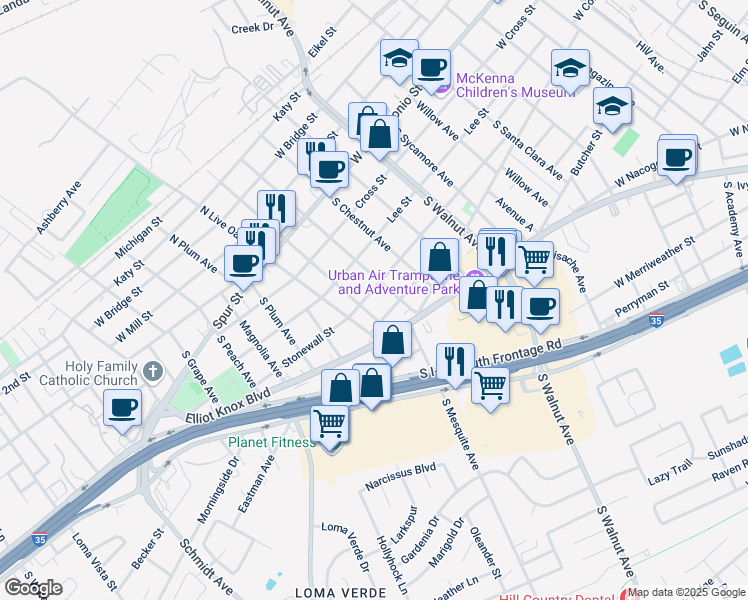 map of restaurants, bars, coffee shops, grocery stores, and more near 1475 Stonewall Street in New Braunfels