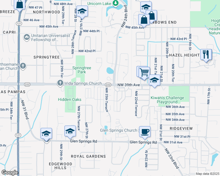 map of restaurants, bars, coffee shops, grocery stores, and more near 2518 Northwest 38 Place in Gainesville