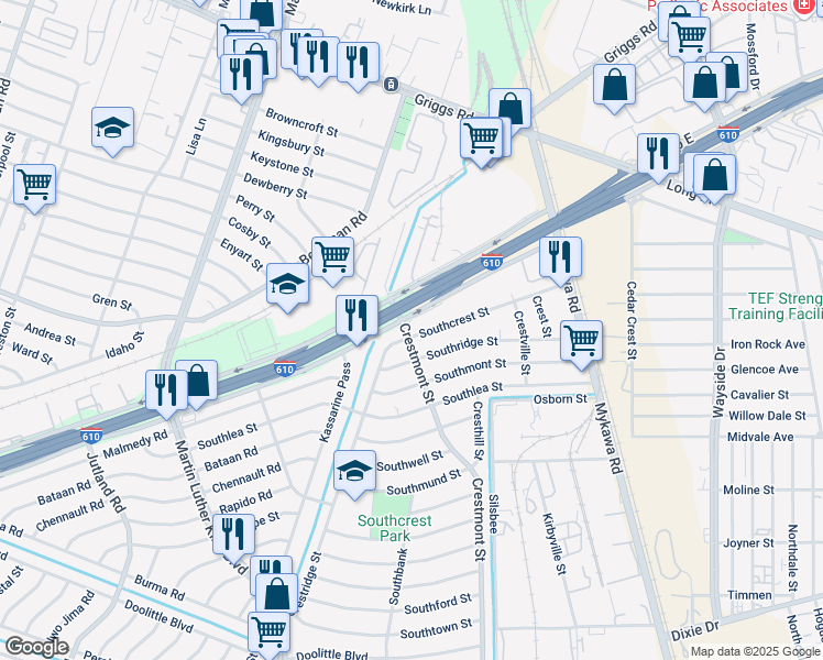map of restaurants, bars, coffee shops, grocery stores, and more near 5910 Southcrest Street in Houston