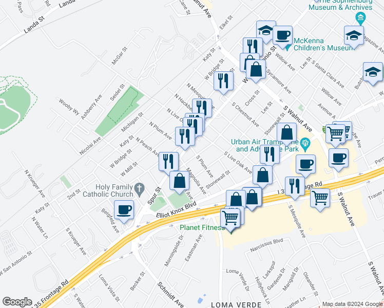 map of restaurants, bars, coffee shops, grocery stores, and more near 190 South Plum Avenue in New Braunfels