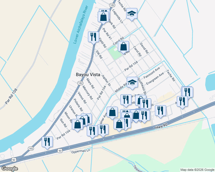 map of restaurants, bars, coffee shops, grocery stores, and more near 208 Jupiter Street in Morgan City