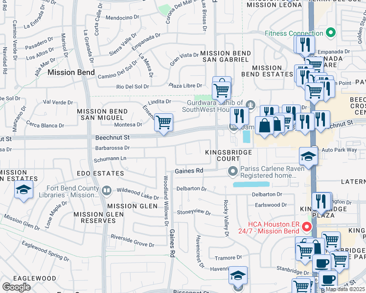 map of restaurants, bars, coffee shops, grocery stores, and more near 8102 Solana Drive in Houston