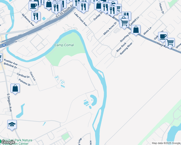 map of restaurants, bars, coffee shops, grocery stores, and more near 2095 Kuehler Avenue in New Braunfels