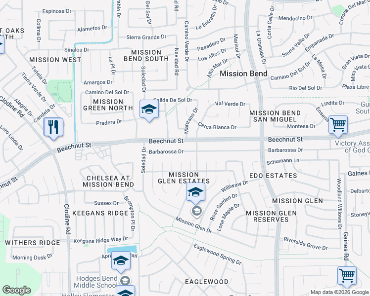 map of restaurants, bars, coffee shops, grocery stores, and more near 16130 Barbarossa Drive in Houston