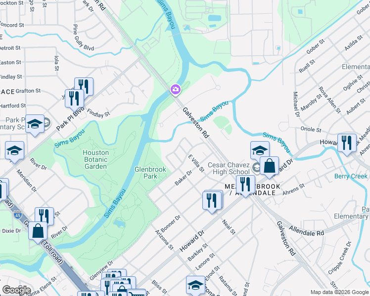 map of restaurants, bars, coffee shops, grocery stores, and more near 4301 East Villa Street in Houston