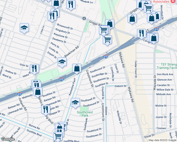 map of restaurants, bars, coffee shops, grocery stores, and more near 5910 Southcrest Street in Houston