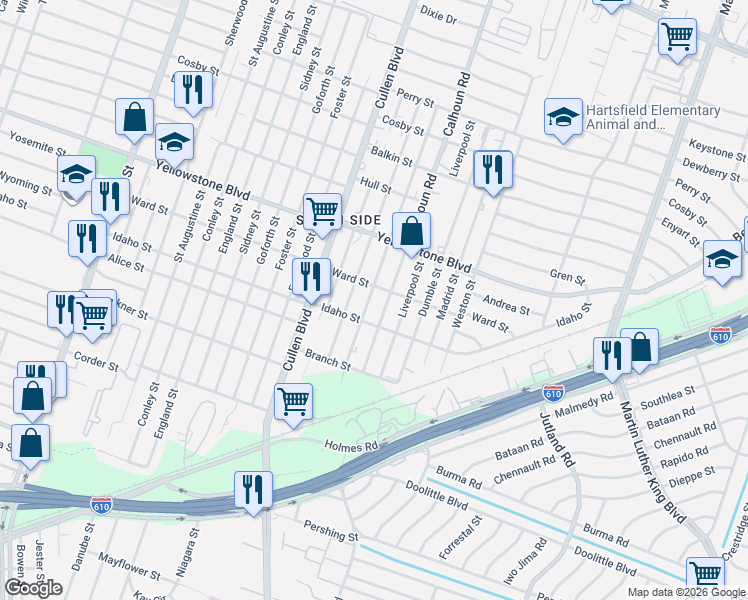 map of restaurants, bars, coffee shops, grocery stores, and more near 6822 Paris Street in Houston