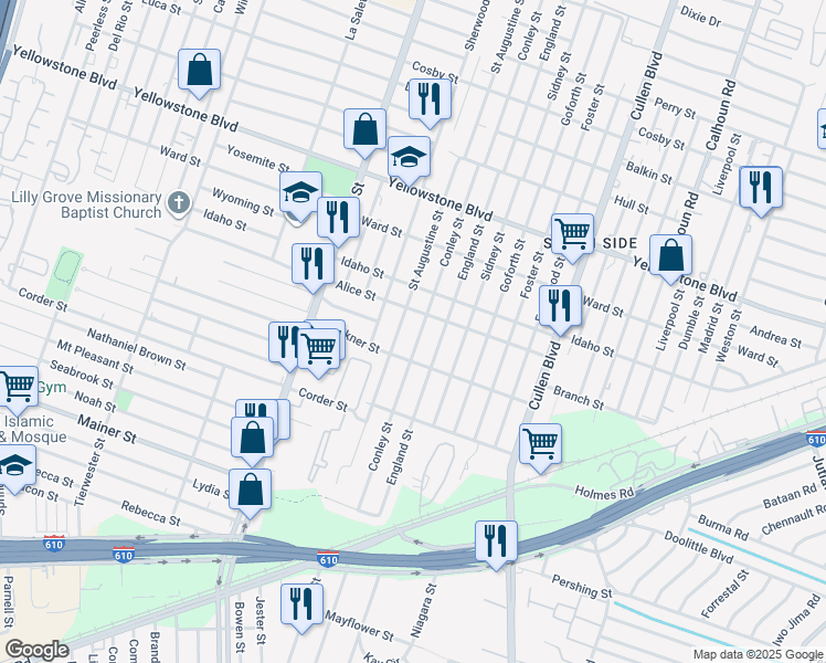 map of restaurants, bars, coffee shops, grocery stores, and more near 7020 Conley Street in Houston