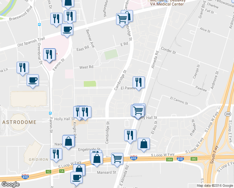 map of restaurants, bars, coffee shops, grocery stores, and more near 8100 Cambridge Street in Houston
