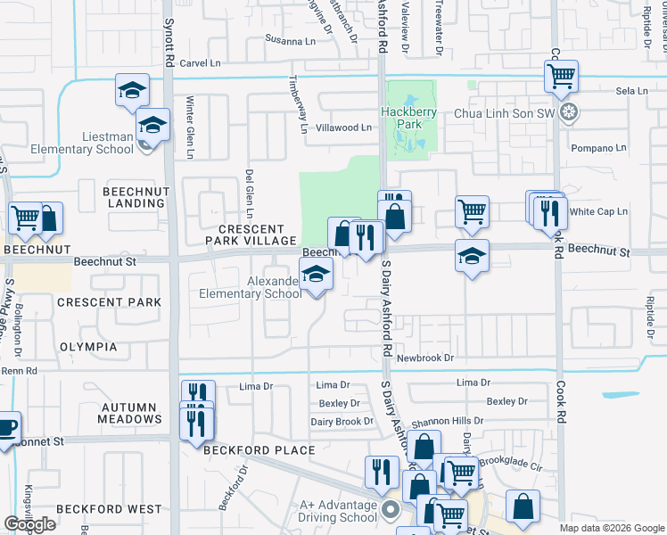 map of restaurants, bars, coffee shops, grocery stores, and more near 8501-8527 Brookwulf Dr in Houston