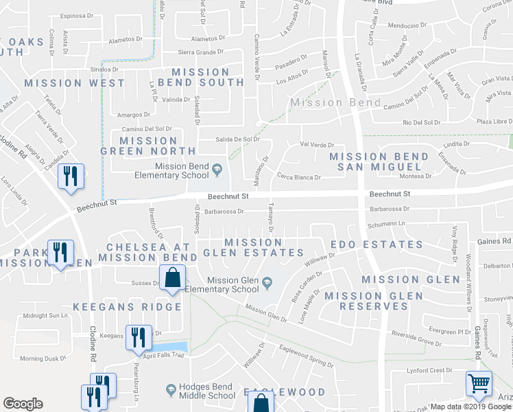 map of restaurants, bars, coffee shops, grocery stores, and more near 16130 Barbarossa Drive in Houston