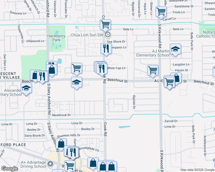 map of restaurants, bars, coffee shops, grocery stores, and more near 12220 Troulon Drive in Houston