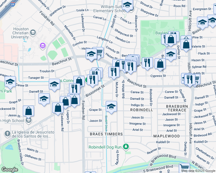 map of restaurants, bars, coffee shops, grocery stores, and more near 7003 Bissonnet Street in Houston