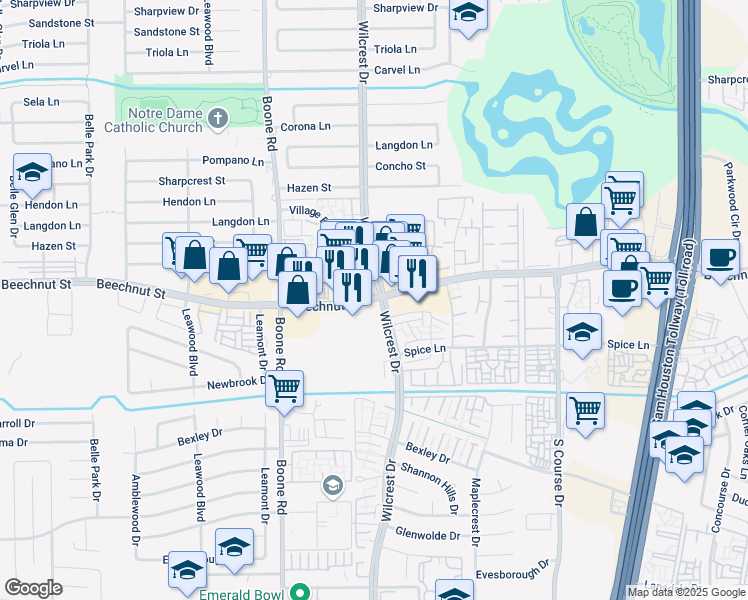 map of restaurants, bars, coffee shops, grocery stores, and more near 8300 Wilcrest Drive in Houston