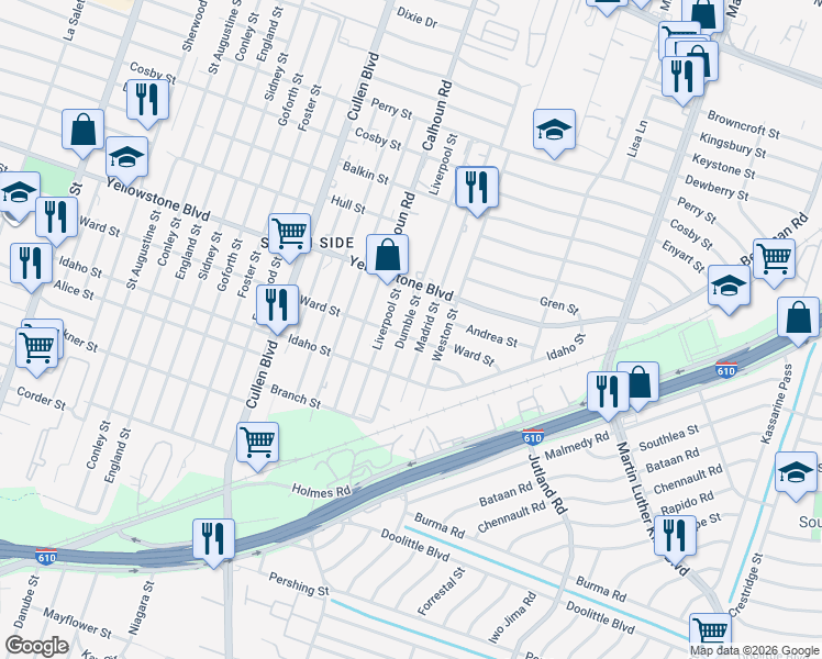 map of restaurants, bars, coffee shops, grocery stores, and more near 4802 Ward Street in Houston