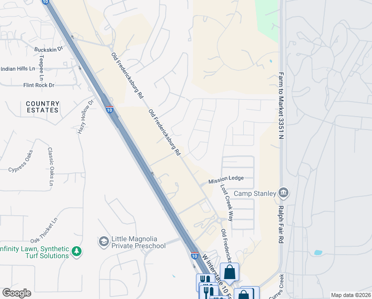 map of restaurants, bars, coffee shops, grocery stores, and more near 7906 Emmeline Drive in Boerne