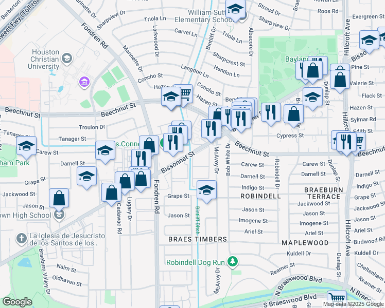 map of restaurants, bars, coffee shops, grocery stores, and more near 7000 Bissonnet Street in Houston