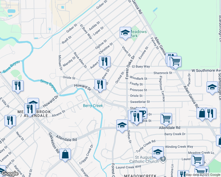 map of restaurants, bars, coffee shops, grocery stores, and more near 1310 Orchid Street in Houston