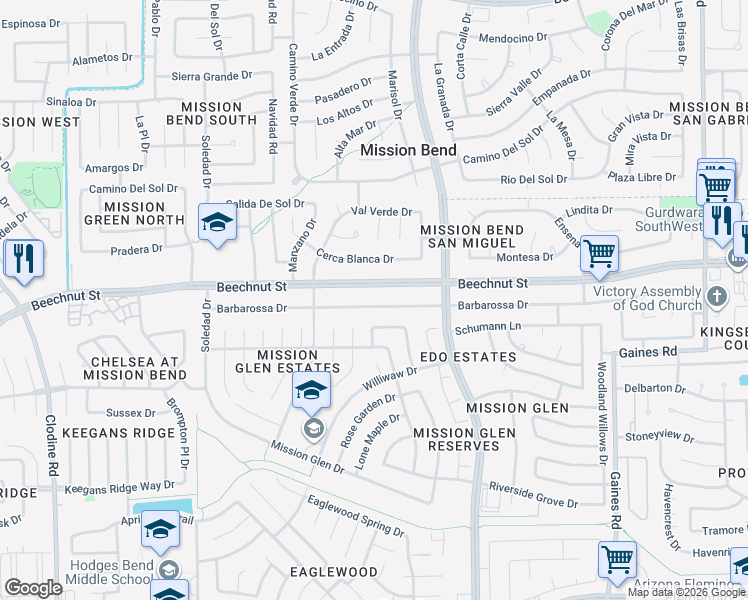map of restaurants, bars, coffee shops, grocery stores, and more near 15930 Barbarossa Drive in Houston
