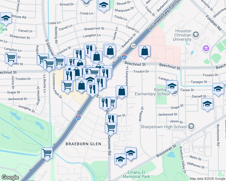 map of restaurants, bars, coffee shops, grocery stores, and more near 8313 Southwest Freeway in Houston
